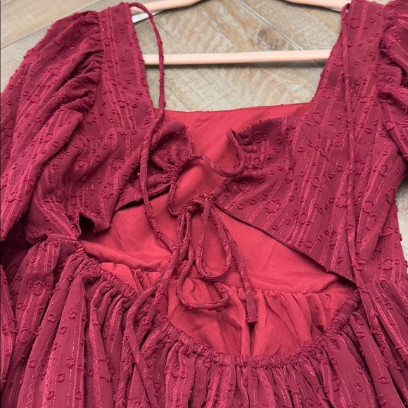 Only You and I Burgundy Long Sleeve Tie-Back Mini Skater Dress - Picture 6 of 7